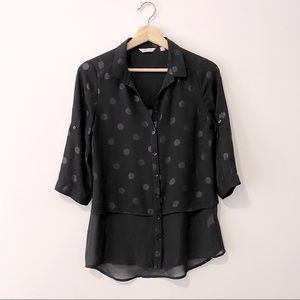 Reitmans Polka Dot Sheer Panel Button Front Shirt Blouse Size XS Black